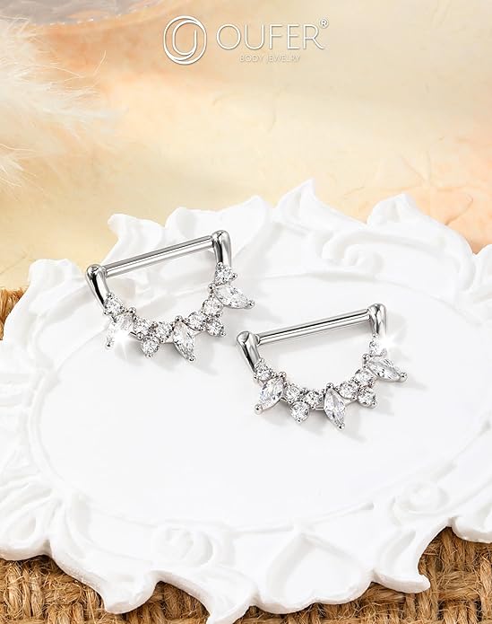 OUFER 2PCS Shield Nipple Rings for Women, 316L Surgical Steel Nipple Piercing Jewelry, Clear CZ Clicker Body Piercing Jewelry Barbells-14mm