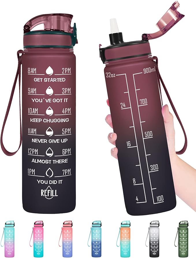 Enerbone Water Bottle, Leakproof BPA & Toxic Free, Motivational Water Bottle with Times to Drink and Straw, Fitness Sports Water Bottle with Strap for Office, Gym, Outdoor Sports-PurrikoPets
