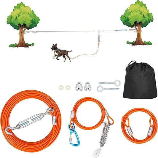 50ft Dog Runner for Yard Large Dog Heavy Duty with Double Shock Absorbers Tangle-Free Aerial Trolley System for Large Dogs Up to 250lbs(Orange)-PurrikoPets
