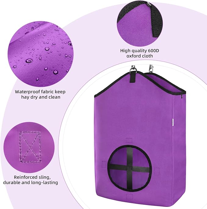 3 PCS Goat Hay Feeder,Hay Bags for Horses,Goats,Donkeys with Reinforced Oxford Fabric and High Strength Metal Clasp,Horse Feeding Supplies with Adjustable Strap for Easy Hanging(2Purple+1Orange)-PurrikoPets