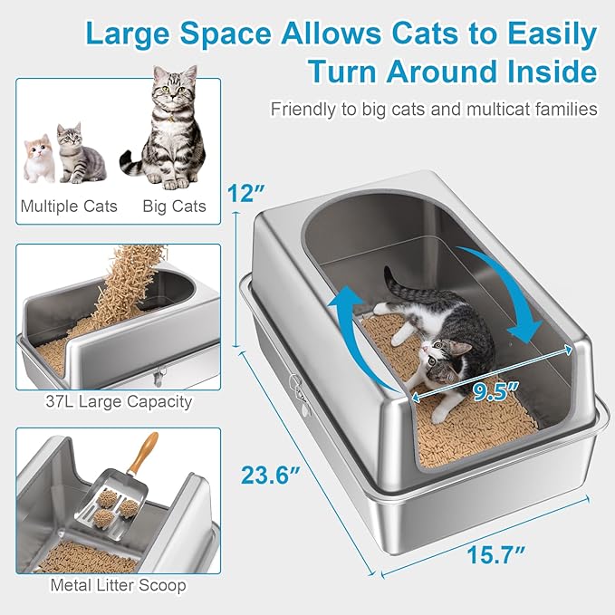 12'' High Sides XL All Stainless Steel Cat Litter Box with Lid,Deep Metal Litter Box for Big Cats,Extra Large Litter Boxes with High Wall Enclosure,Anti-Leakage,Never Absorbs Odors,Non-Sticky Surface-PurrikoPets