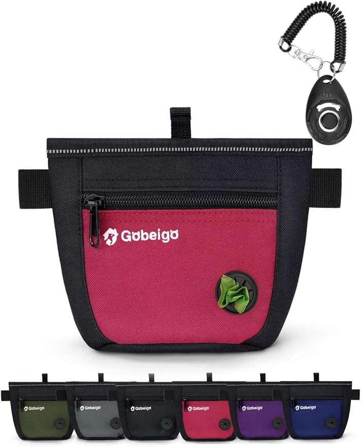 Gobeigo Dog Treat Pouch and Training Clicker, Upgrade Two Magnetic Closure to Prevent Spills, 2 Cup Treat Bag with Poop Bag Dispenser, Metal Clip Waist Belt Fanny Pack for Pet Walking(Black/Red)-PurrikoPets