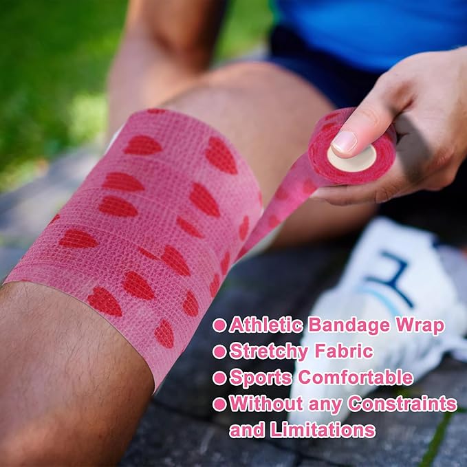 24 Pack Self Adhesive Vet Wrap & Medical Tape, 2 Inch x 5 Yards Cohesive Bandage Wrap - Pink Heart Grip Tape for Ankle, Wrist Sprains, Sports, Pet First Aid-PurrikoPets