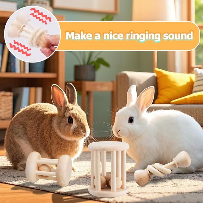 3 Pcs Natural Wooden Bunny Toys, Safe Rabbit Toys for Guinea Pig Chinchillas Hamsters Small Animals Playing Teeth Grinding Indoor Outdoor-PurrikoPets