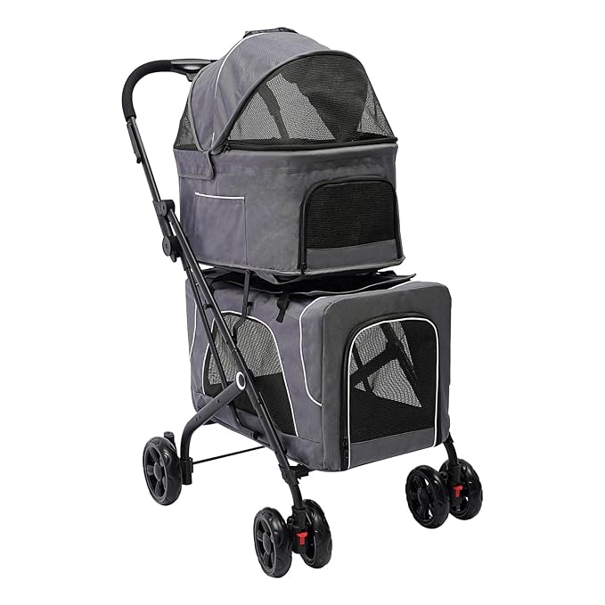 2 Tiers Pet Stroller,4 Wheel Dog Stroller Cat Strollers,3.07lbs Pet Gear Foldable Jogger Travel Cart,Grey Cat Carrying Cart with Storage Basket for Small Medium Pet (Grey)-PurrikoPets