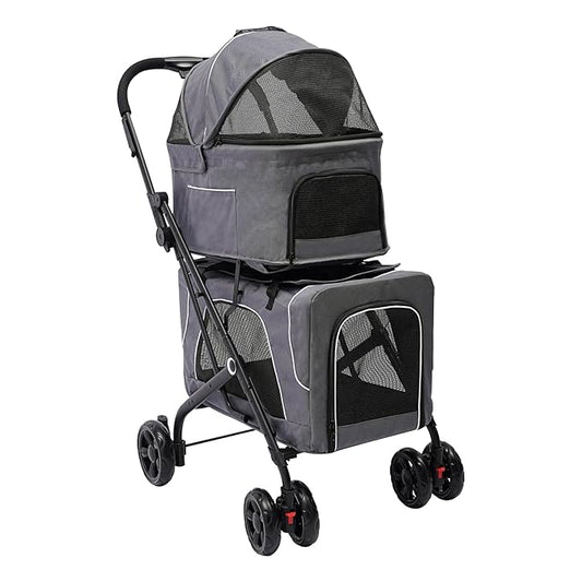 2 Tiers Pet Stroller,4 Wheel Dog Stroller Cat Strollers,3.07lbs Pet Gear Foldable Jogger Travel Cart,Grey Cat Carrying Cart with Storage Basket for Small Medium Pet (Grey)-PurrikoPets