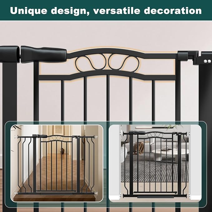 29.53"-43.30" Mornyray Auto-Close Baby Gate Extra Wide, Pressure Mounted Dog & Pet Gate for Stairs Doorways, No Drill Safety Barrier with Lace Design, Metal Child Proof Gate Indoor Outdoor, Black-PurrikoPets