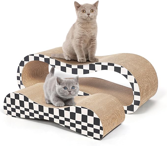 2 in 1 Cat Scratcher Cardboard Lounge Bed, Cat Scratching Post, Durable Board Pads Prevents Furniture Damage,Large,Checkerboard-PurrikoPets