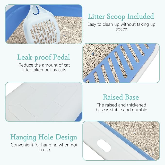 Fhiny Cat Litter Box Portable Shallow Litter Box 17.7"x13.4"x4.9" Foldable Cat Toilet with Scoop Open Kitty Potty Pan with Litter Drop Pedal Easy to Clean Travel Kitten Toilet(Blue)-PurrikoPets