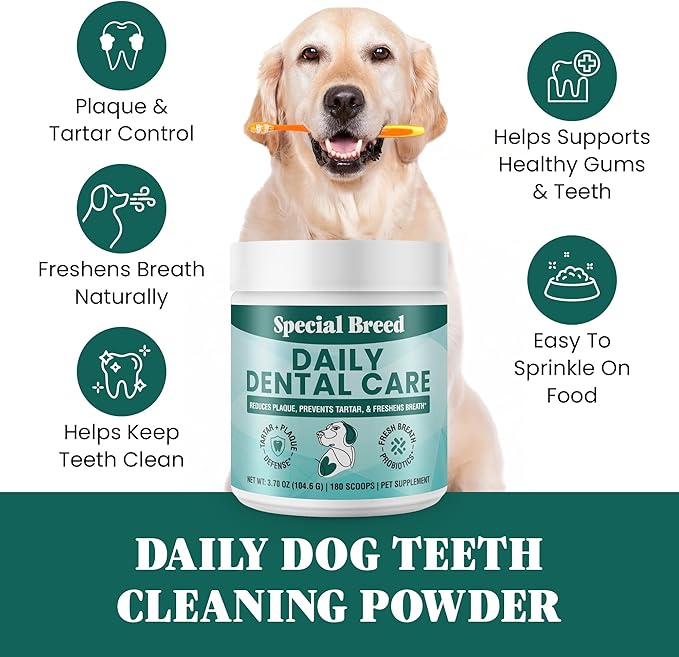 Dog Teeth Cleaning Powder – Natural Dog Dental Powder for Tartar Control, Fresh Breath & Gum Health – Daily Plaque Remover with Zeolite, Brown Algae, Probiotics & Rosemary – 180 Scoops-PurrikoPets