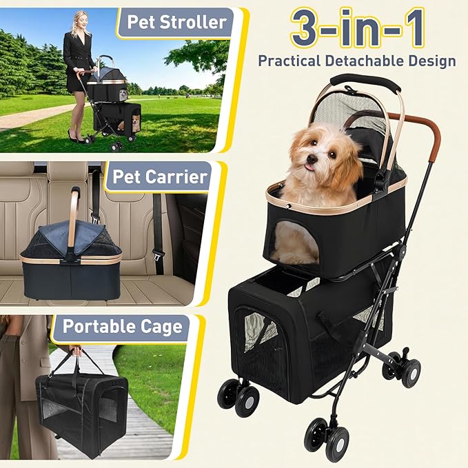 Double Pet Stroller for 2 Dogs or Cats, Folding Dog Stroller with 2 Detachable Carrier Bags, Safety Belt, 4 Lockable Wheels, Separate Compartments, for Multi-Pet Homes (Black)-PurrikoPets