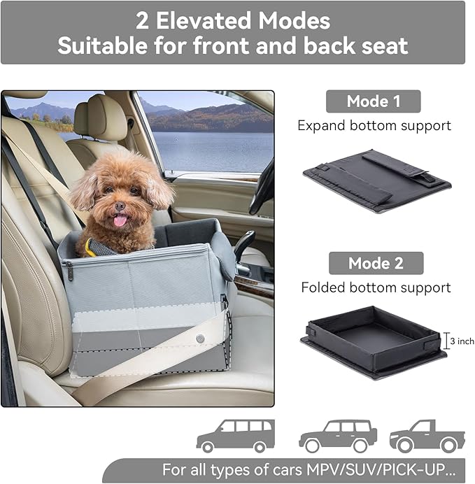 A4Pet Dog Car Seats for Small Dogs, Booster Car Seat with Patent Buckles & Clip-On Safety Leash, Pet Seat for Puppy Small Dogs Cats Under 25 Lbs, Grey-PurrikoPets