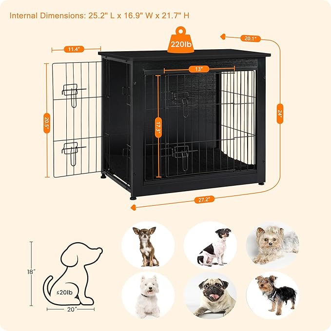 DWANTON Dog Crate Furniture with Cushion, Wooden Kennel Table with Double Doors, Indoor Dog House, Small/Medium/Large Size, 27.2" L, Black-PurrikoPets