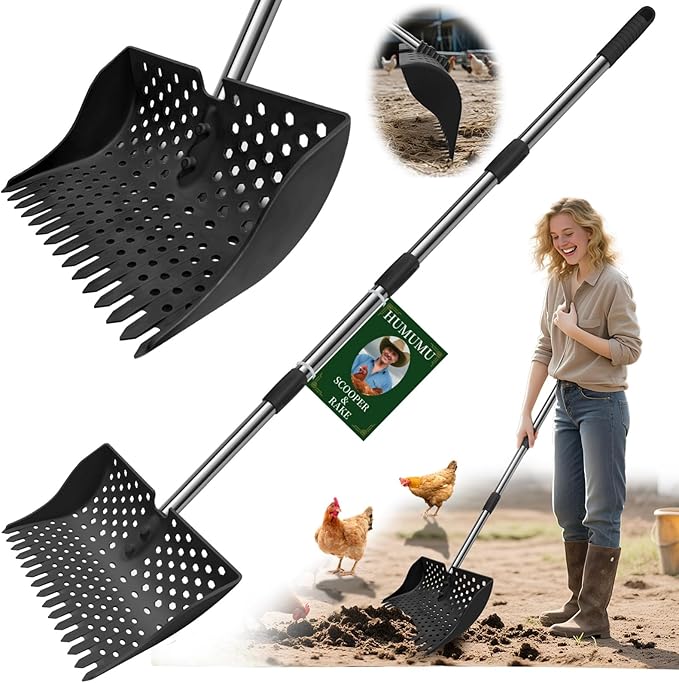 12-Inch 2-in-1 Chicken Poop Scooper & Rake – US Patent Pending – 3-Shape Sifting Holes Chicken Coop Rake，Stainless Steel Handle （20–61"）– Litter Scoop Sand & Sifting Shovel for Chicken Coops (Black)-PurrikoPets
