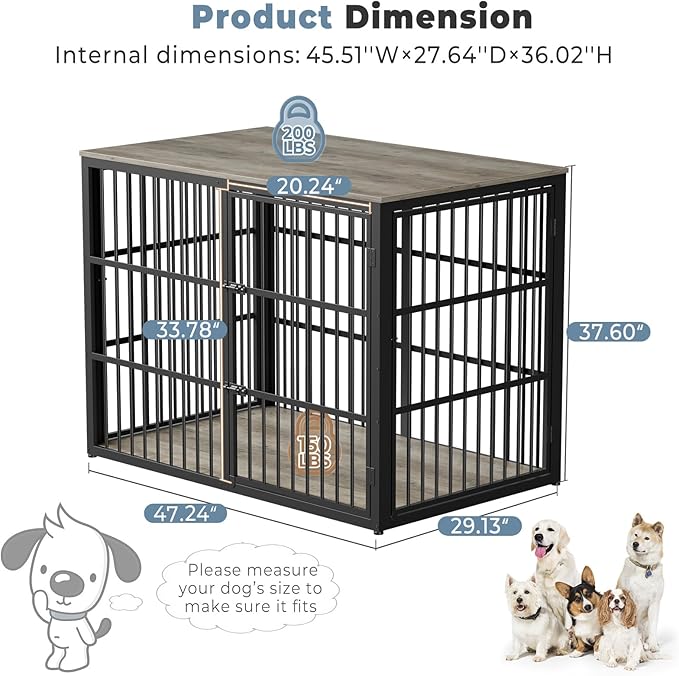 48'' XXL Dog Crate Furniture with 3 Doors, Wooden Crate End Table Heavy Duty Indoor Combination Cage for Medium to Large Dogs, Multiple Units Can be Combined, Grey-PurrikoPets