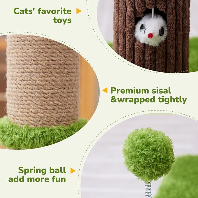 33" Tall Cat Scratching Post for Indoor Cats, Premium Sisal Scratch Posts with Cat Toys and Fun Mouse Holer for Cats at All Ages, Scratcher Tree with Reinforced Stable Base (Green)-PurrikoPets
