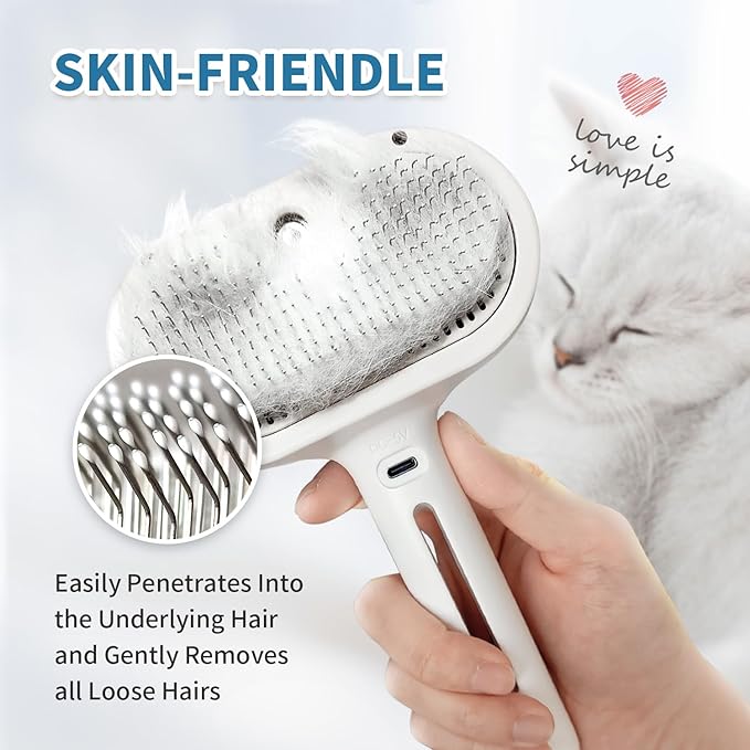 3 In 1 Self Cleaning Steamy Pet Brush - Anti-Static, Grooming Tool for Long and Short Hair Pets, Removes Loose Hair and Reduces Shedding, White-PurrikoPets