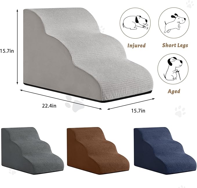 3-Step Dog Ramp and Stairs for Sofa and Chair - Non-Slip Sturdy Pet Steps for Small Dogs and Cats,15.7" H,Light Grey-PurrikoPets