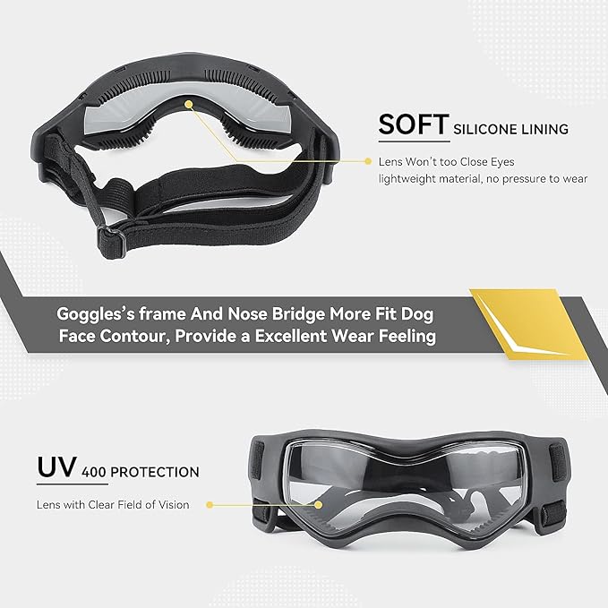 Dog Goggles Dog Sunglasses for Small Breed UV Protection Windproof with Adjustable Head Straps Chin Straps for Ride Car/Hiking Travel/On Beach-Black-PurrikoPets