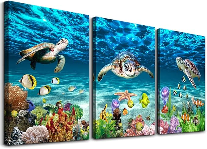 AHUASJART Canvas Wall Art for Living Room family Wall decor for Bedroom Bathroom Wall Decoration blue Ocean Sea Turtle Paintings Modern shark Pictures Artwork office Ready to Hang 12" x 16" 3 Piece-PurrikoPets