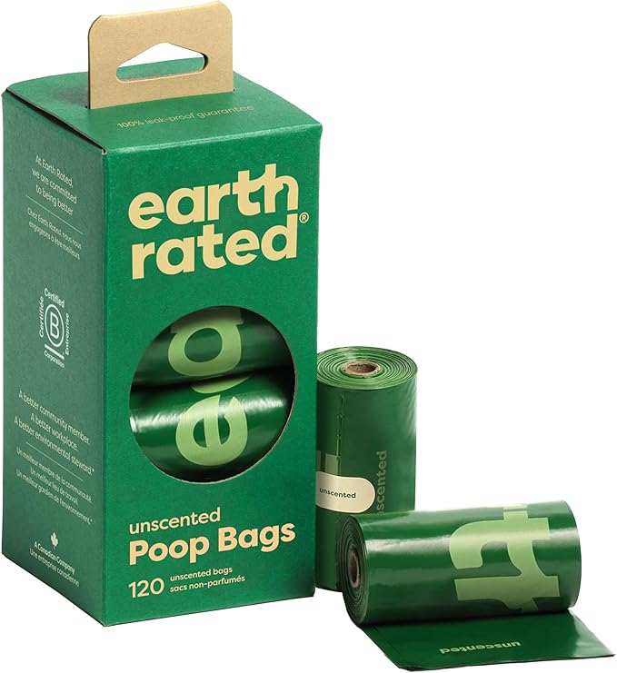 Earth Rated Poop Bags for Dogs Guaranteed Leak Proof and Extra Thick Waste Bag Refill Rolls, Unscented, 120 Count-PurrikoPets