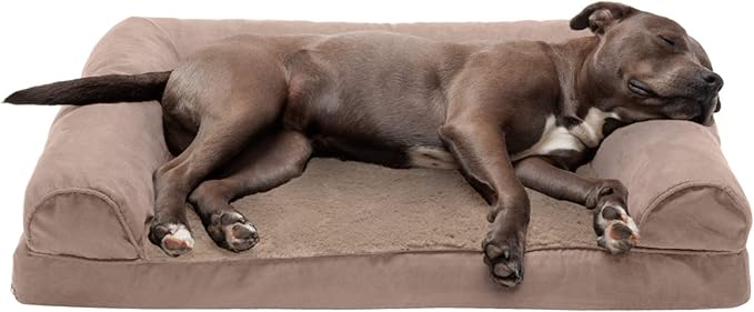 Furhaven Orthopedic Dog Bed for Large/Medium Dogs w/ Removable Bolsters & Washable Cover, For Dogs Up to 55 lbs - Plush & Suede Sofa - Almondine, Large-PurrikoPets