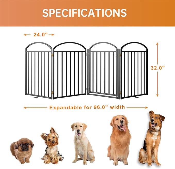 4 Panles Full Matel Freestanding Dog Gates with Door, 96"Extra Wide 32"Tall Free Standing Dog Pet Gate for Indoor & Outdoor. Foldable Pet Fences for Doorways, House, Stairs, Porch, Deck, Yard-PurrikoPets