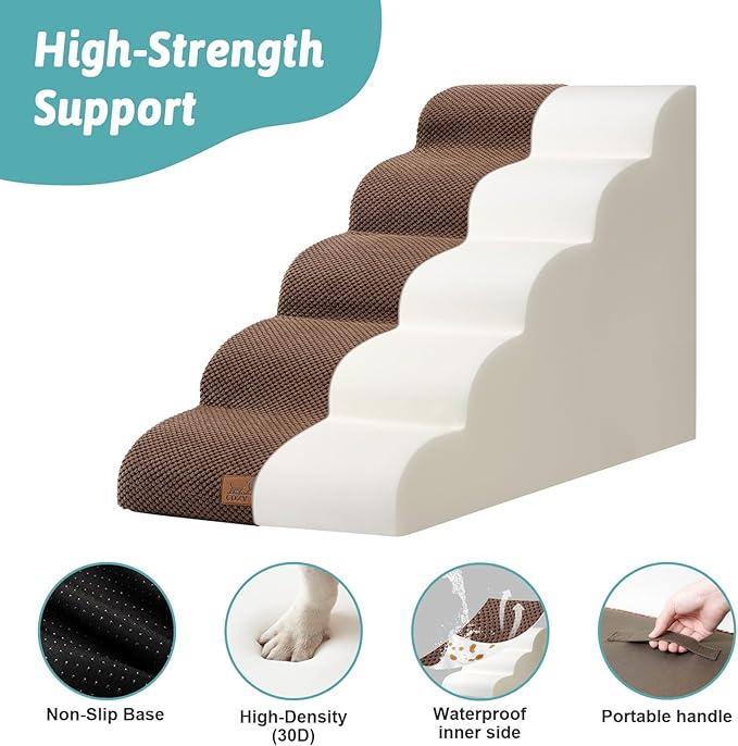 Extra Wide Dog Stairs 19.7" Width, Large Pet Step for Small Medium Dog, Puppy or Cat, Ramp for High Bed or Car, High Density Foam Ladder, Stable, 5 Step, 19.7x33x22.4 inch, Brown-PurrikoPets