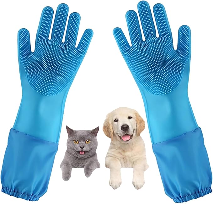Dog Washing Gloves, Pet Grooming Gloves with Soft Brushes, Bathing and Massaging for Dogs and Cats, Silicone Heat Resistant Cleaning Gloves with High-Density Teeth (Blue)-PurrikoPets