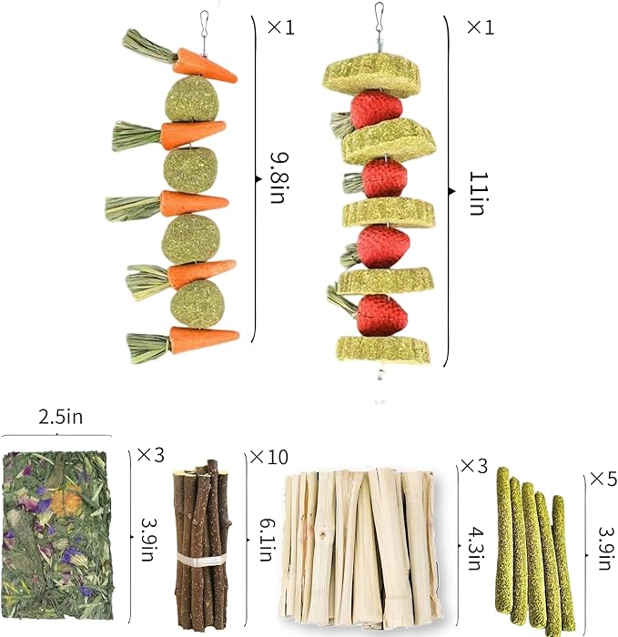 31 Pcs Small Pet Chew Toys for Dental Health - Natural Apple Wood, Timothy Grass Sticks & Sweet Bamboo, Teeth Grinding Toys for Rabbits, Guinea Pigs, Hamsters, Chinchillas Cage Accessories-PurrikoPets