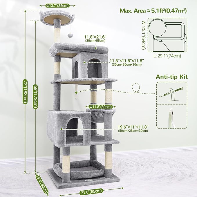Globlazer Heavy Duty Cat Trees for Large Cats, Sturdy 72in Maine Coon Cat Tree for Large Cats 20 lbs+ Heavy Duty Cat Tower for Adult Biggest Cat with 6 Scratching Posts, Hammock, S72, Light Grey-PurrikoPets