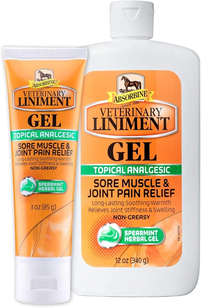 Absorbine Veterinary Liniment Gel, Topical Menthol Analgesic Rub for Sore Muscle, Joint & Arthritis Pain Relief, Combo Pack Includes 12oz Value Size + 3oz Travel Size-PurrikoPets