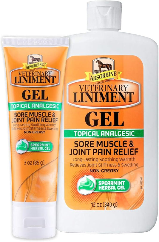 Absorbine Veterinary Liniment Gel, Topical Menthol Analgesic Rub for Sore Muscle, Joint & Arthritis Pain Relief, Combo Pack Includes 12oz Value Size + 3oz Travel Size-PurrikoPets