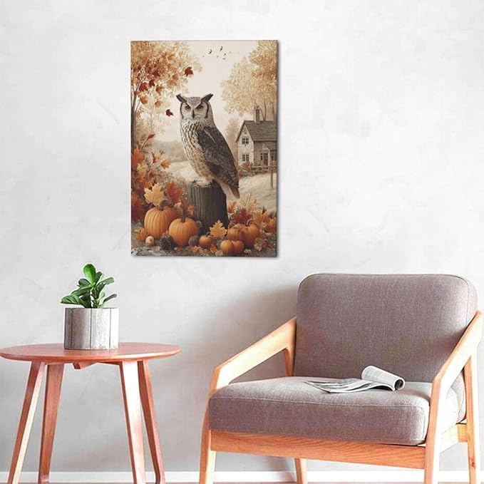 Fall Owl Wall Art Autumn Pumpkin Leaves Wall Decor Rustic Canvas Print Farmhouse Pictures Painting Print Framed Artwork Decorations Gifts for Living Room Bathroom Bedroom Office 16"x24"-PurrikoPets