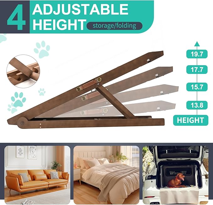 Dog Ramp, Adjustable Height Wooden Folding Pet Ramp for Bed, Couch,SUV-High Traction, Portable Paw Ramps for Small & Large Old Dogs & Cats - Furniture Quality-PurrikoPets