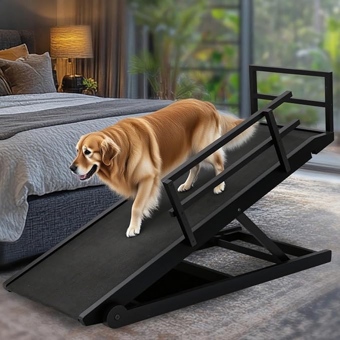 Dog Ramp for Bed, 5 Level Adjustable Dog Ramp for High Beds, Upgrade Rubber Mat High Traction Ramp with Safety Rails, Folding Pet Ramp for Bed, Couch,SUV, Natural Wood Pet Ramp for Small & Old Dogs-PurrikoPets