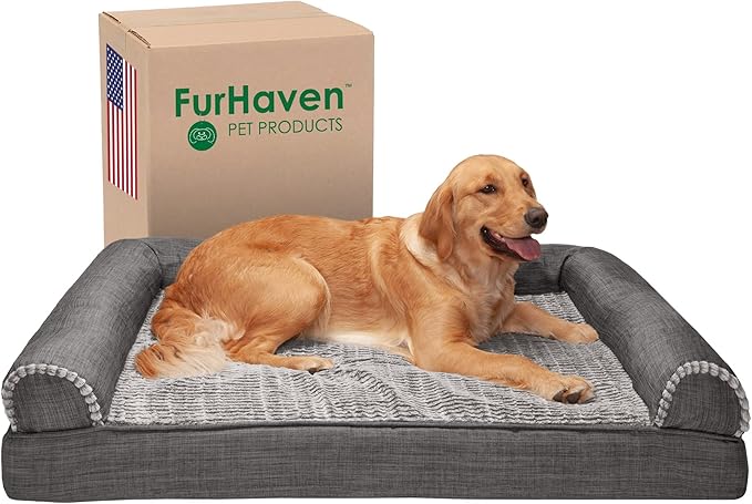 Furhaven Cooling Gel Dog Bed for Large Dogs w/ Removable Bolsters & Washable Cover, For Dogs Up to 95 lbs - Luxe Faux Fur & Performance Linen Sofa - Charcoal, Jumbo/XL-PurrikoPets
