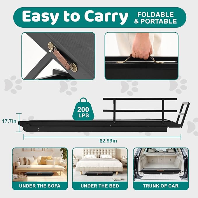 Dog Ramp for Bed, Adjustable Pet Ramps for Dog to Get on Bed, Non-Slip Rubber Surface - Folding Wooden Dog Ramp for Small/Large/Old Dogs, Adjustable up to 31 inch High Beds, Safety Railings-PurrikoPets