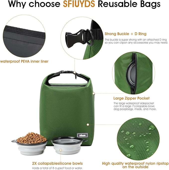 Dog Food Travel Bag,Pet Food Container 20 lb w/2PCS Collapsible Dog Travel Bowls and Zipper Side Pocket(Green, Large)-PurrikoPets