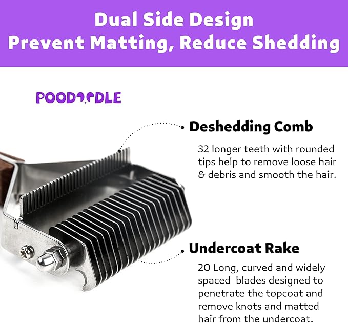 2 in 1 Dogs Cats Dematting Grooming Comb, Perfect Deshedding Undercoat Rake for Poodle & Goldendoodle, Efficiently Detangling Shedding Loose Hair & Matted Fur, All Long Haired Pet (Dark)-PurrikoPets
