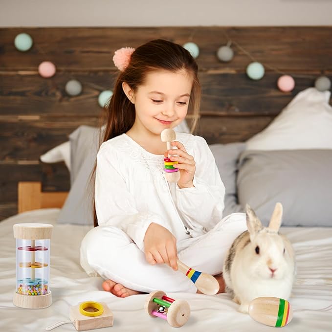 6 Pcs Wooden Bunny Toys - Safe Rabbit & Guinea Pigs Teeth Grinding Toys for Chinchillas, Hamsters & Small Animals - Indoor & Outdoor-PurrikoPets