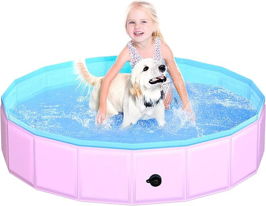 2025 Updated Foldable Dog Pool, 47" x 12" Kiddie Pool with Hard Plastic, Non-Slip Dog Bath Tub for Outdoor Backyard, Collapsible Dog Swimming Pool for Kids Dogs Pets (Pink)-PurrikoPets