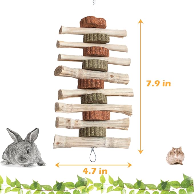 4 PCS Rabbit Chew Toys for Teeth Grinding, Delicious Bunny Cage Hanging Chew Toys, Natural Sweet Bamboo Chew Sticks and Timothy Grass Cake Hay Treats Maintaining Healthy Teeth for Rabbits-PurrikoPets