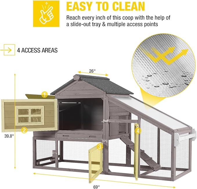 Aivituvin Chicken Coop Outdoor with Wheels, Mobile Hen House Wooden Poultry Cage with Run & Waterproof Roof (Grey with White)-PurrikoPets