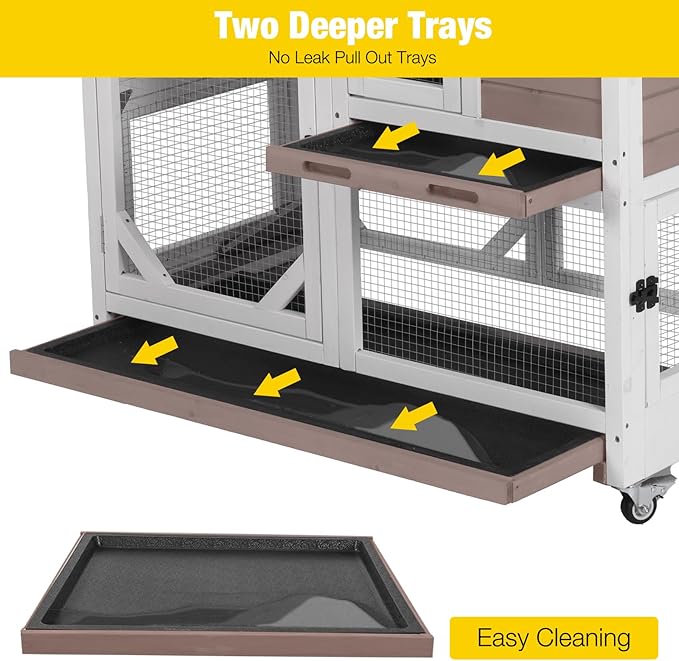 Aivituvin Rabbit Cage Indoor Outdoor Bunny Hutch on Wheels, 2 Story Wood Guinea Pig Cages with 2 Deeper Pull Out Trays-PurrikoPets
