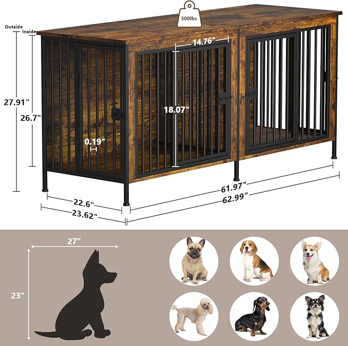 EasyCom 63" Dog Cage Furniture for 2 Pets with Divider, XL Wooden Double Dog Crate Furniture TV Stand for Mideum Breed, Durable and Sturdy-PurrikoPets