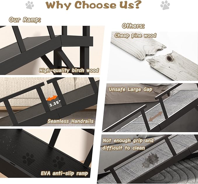 73" Dog Ramp for Bed, Pet Ramp with Removable Side Rail and Non-Slip Surface, Pet Ramp for Small & Large & Senior Dogs with Rest Platform and DIY Glow Strips,Dog Stairs for Couch, Black-PurrikoPets