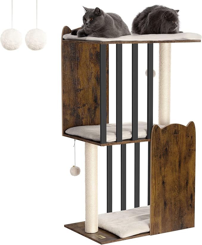 FourFurPets 43.8in 3-Tier Modern Cat Tree Tower Condo, Cat Scratch Posts for Indoor Cats, Big Plate, Two 19.7in Full Sisal Scratching Posts, Rustic Brown-PurrikoPets