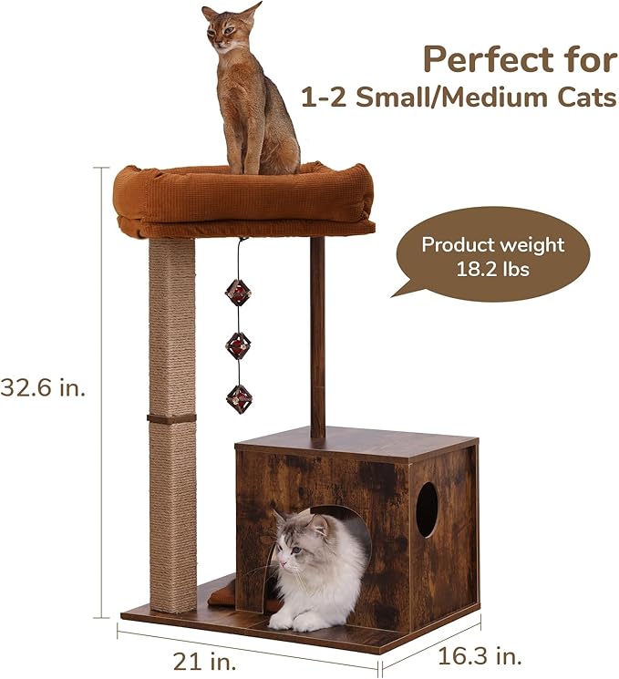 FUKUMARU Cat Scratching Post, Modern Style Cat Tree with Unique Square Post, Wooden Cat Tower with silvervine Balls, Retro Cat Condo Scratcher for Indoor Cats（Solid Wood）-PurrikoPets