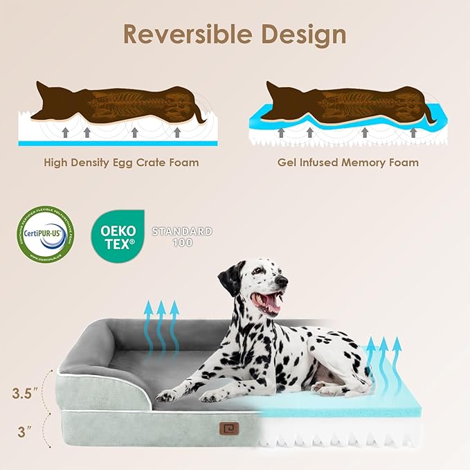 EHEYCIGA Orthopedic Dog Beds for Large Dogs, Waterproof Memory Foam Large Pet Bed with Sides, Non-Slip Bottom and Egg-Crate Foam Dog Couch Bed with Washable Removable Cover, Greyish Green-PurrikoPets